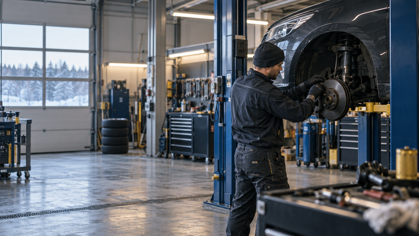 Mekaanikko tarkastaa auton etupyörän rakennetta siistissä autokorjaamossa